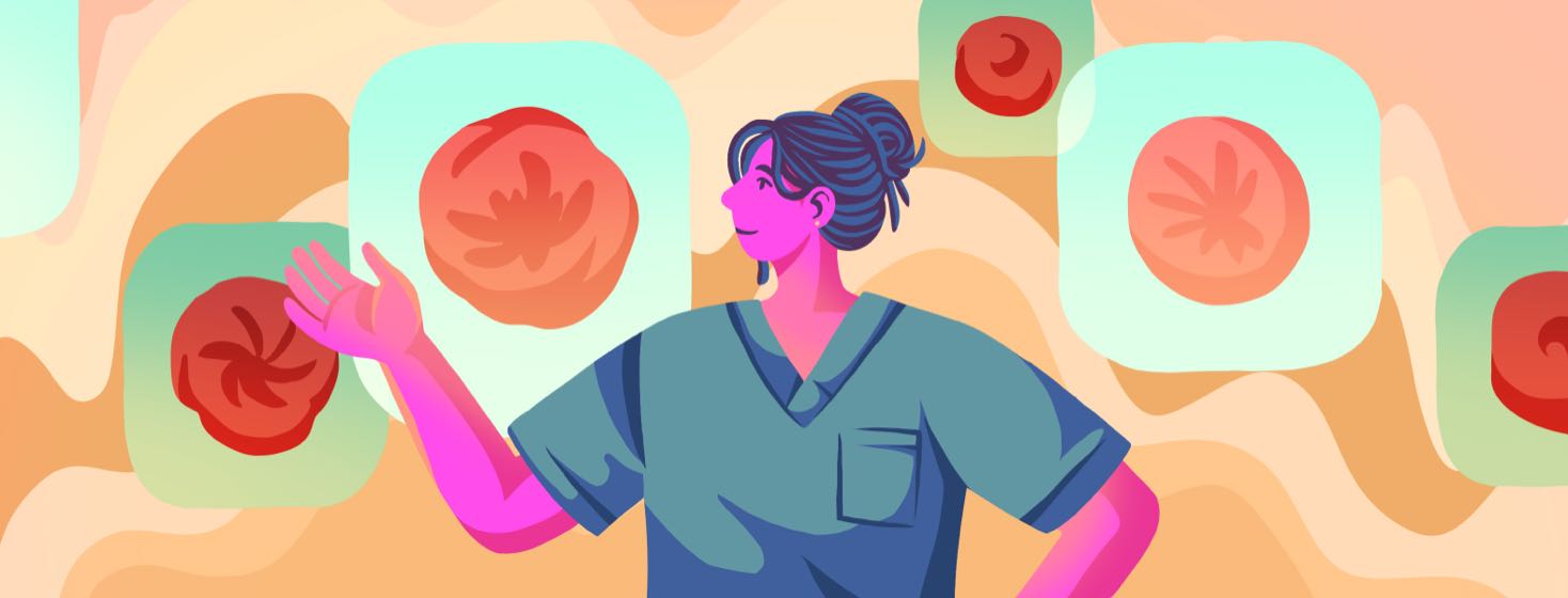 A smiling nurse looks up and gestures at floating panels depicting stomas around her.