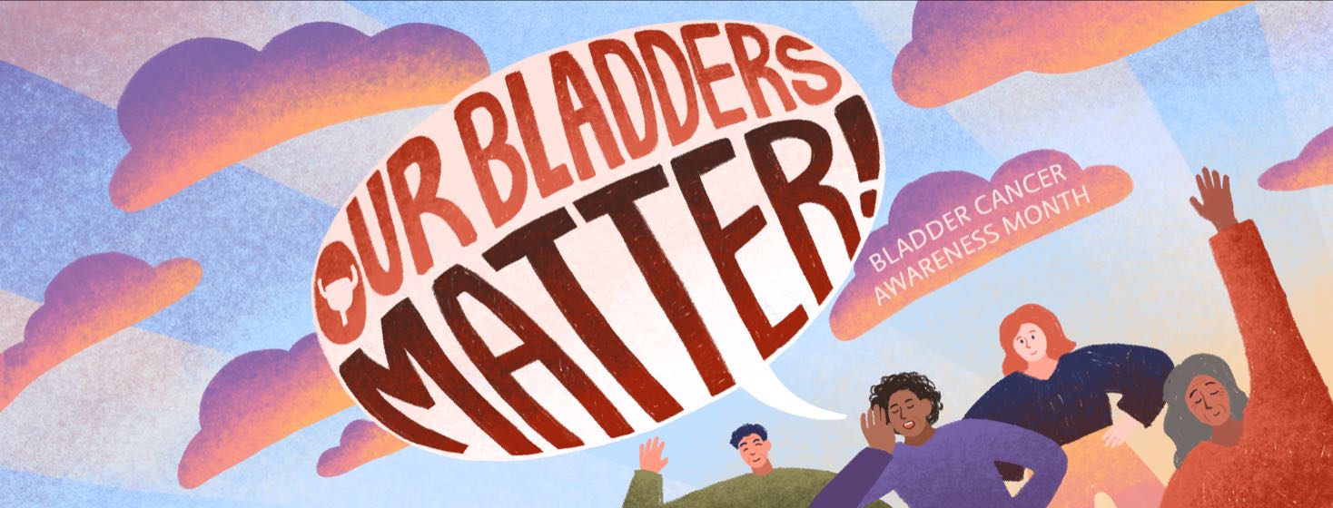 A group of people shout "Our Bladders Matter" in front of a sky at sunrise.