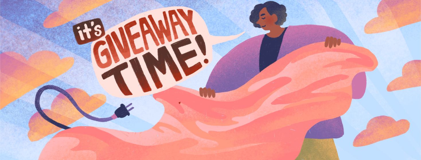 A bubble says "It's Giveaway Time!" next to a person holding an electric blanket.