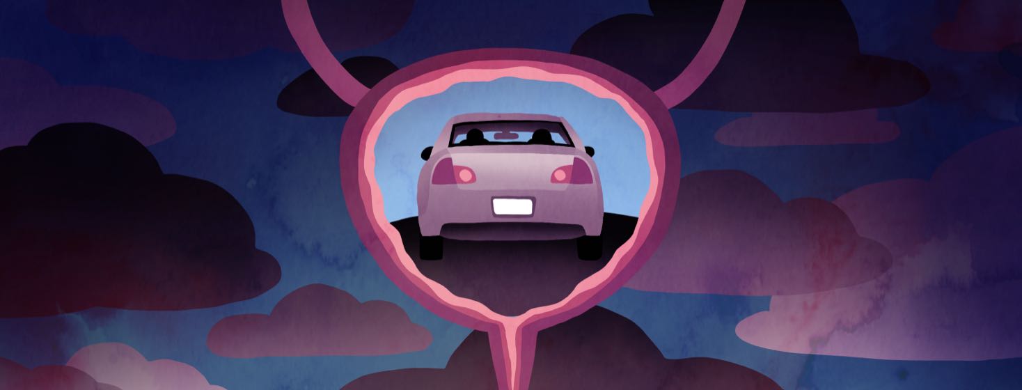 Surrounded by clouds, a silhouette of a bladder shows a car driving into the distance inside.