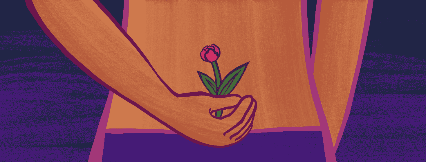 A person holds a flower in front of their body that blooms and shrinks.