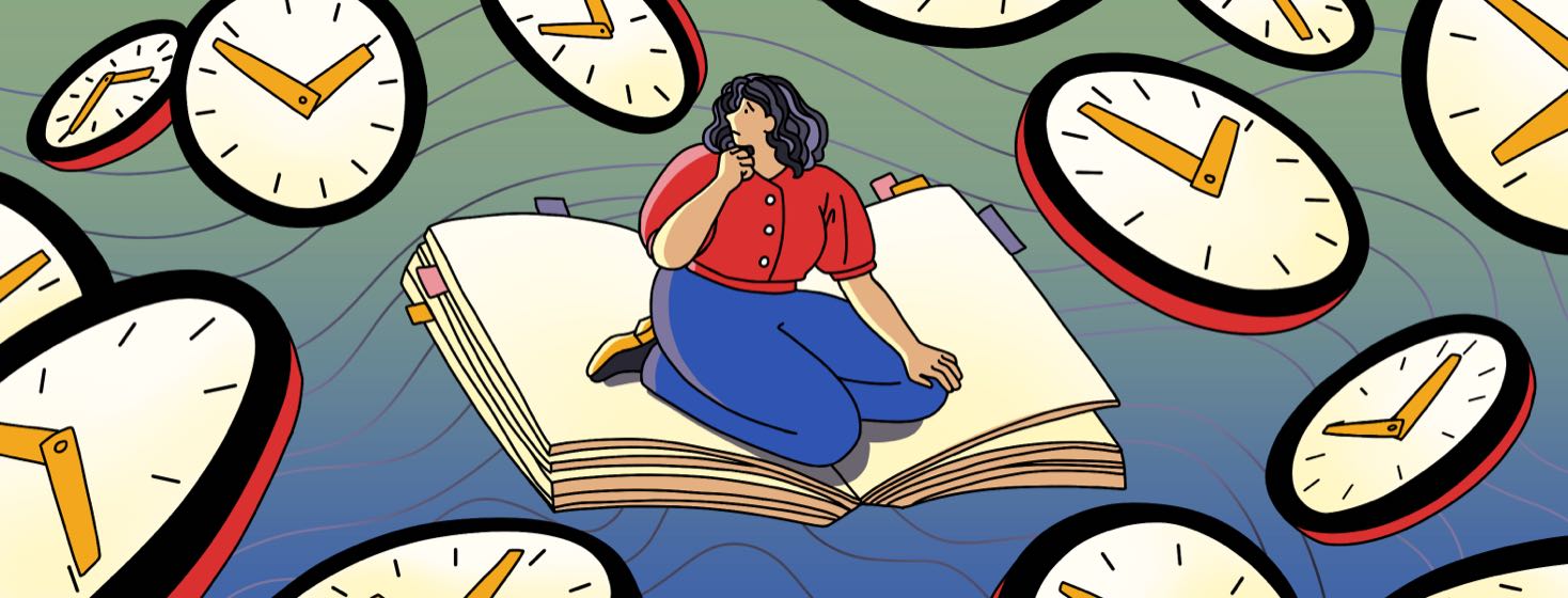 A woman sits on a journal with a worried expression as clocks float around her.