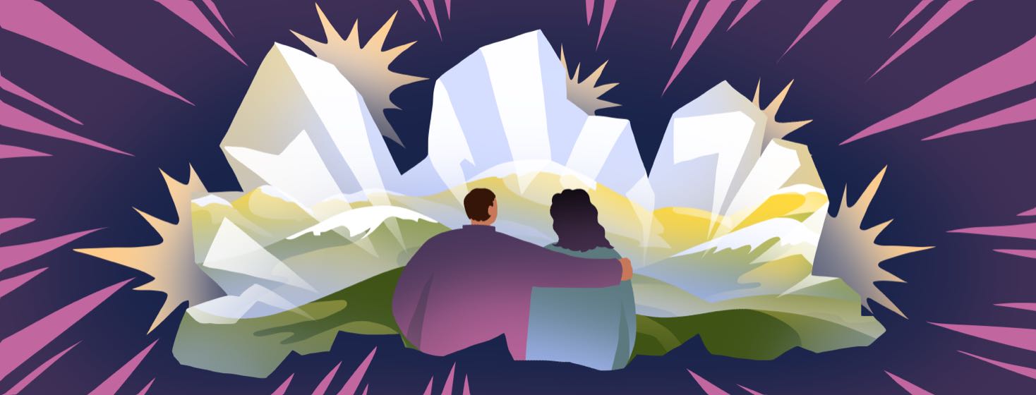 A man and woman hug each other while looking at a hilly landscape inside the silhouette of a large crystal.