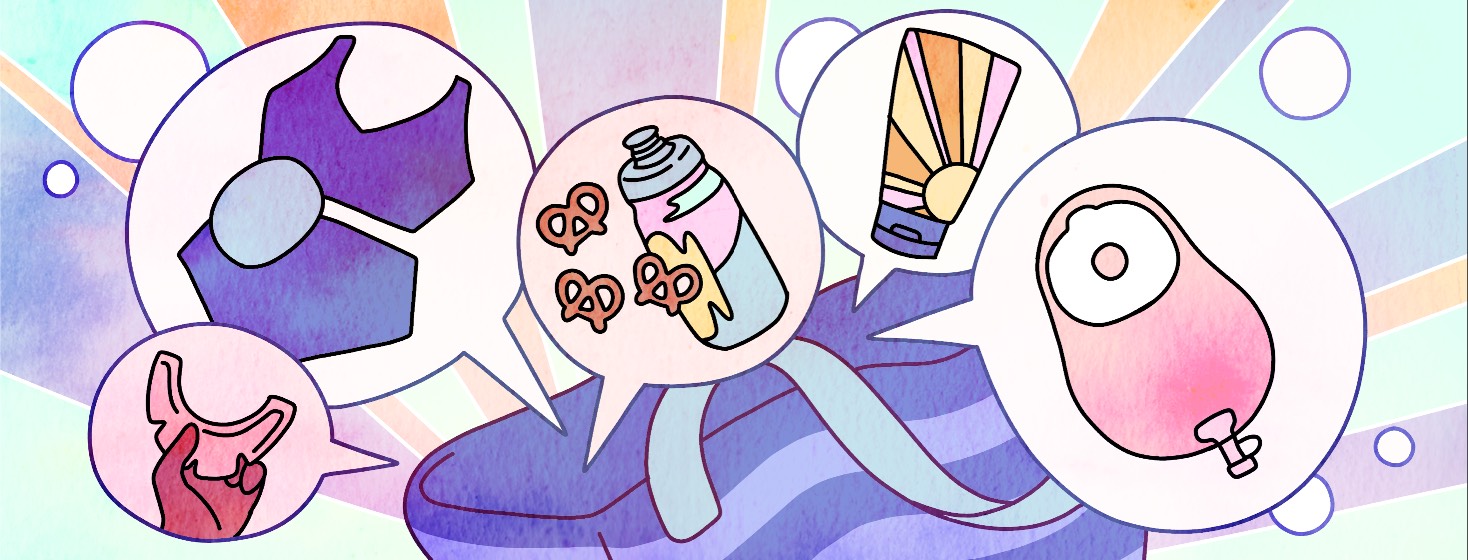 A beach bag with speech bubbles showing ostomy-friendly swimwear, flange extenders, drinks and snacks, sunscreen, and a spare ostomy bag.