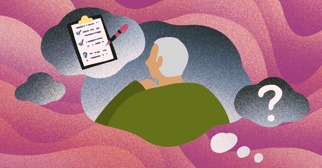 Inside a floating thought bubble, a man looks deep in thought next to a question mark and checklist.